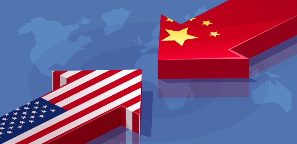 Isometric concept of economic and geopolitical confrontation between the US and China.