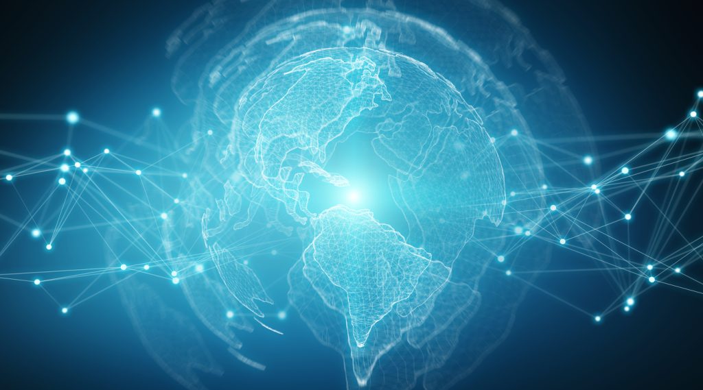 Connections system sphere global world view on blue background 3D rendering