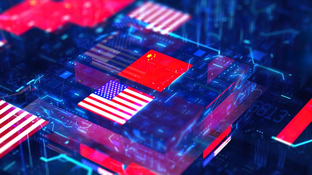 Processor Unit, Chip War. The Chip Crisis, The World's Big Problem. China and usa Flag.