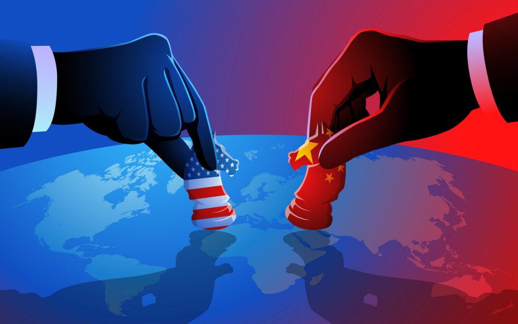 Businessman Blue Red Hand Chess US China World Map